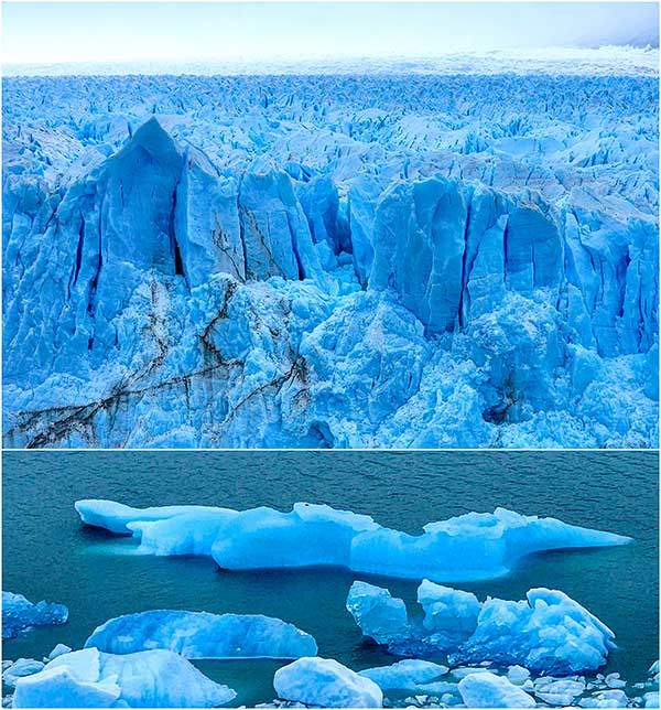 (위) 보트를 타고 가까이 본 코발트빛 제국. (아래) 빙하 아래 호수에 빙하의 파편들이 푸르스름한 색을 내며 홀연하게 떠있다.