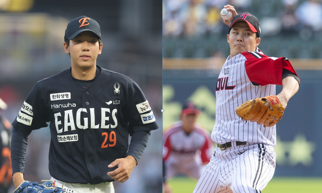 2025년 6월 1일, 프로야구 2025 신한 SOL 뱅크 KBO리그. 서울 잠실야구장에서 등판한 LG 트윈스 임찬규(오른쪽)와 경남 창원NC파크에서 6회 말 2사 만루 위기 후 마운드를 내려오는 한화 이글스 황준서(왼쪽).