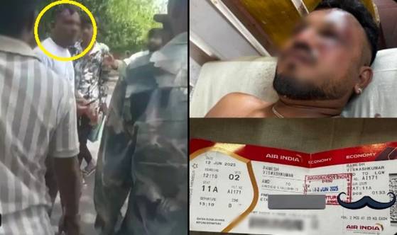 현지시간 12일 인도 서부 아메다바드 공항 인근에서 발생한 에어인디아 여객기 추락사고 현장에서 기적적으로 생존한 남성. 〈사진=인도 일간지 힌두스탄타임스 캡처〉