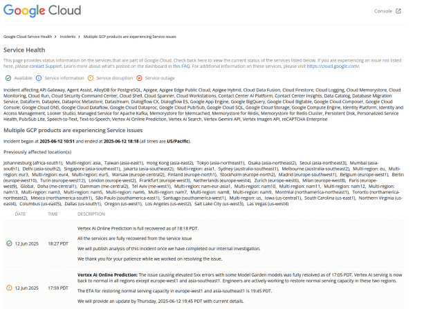 가장 큰 영향을 받은 서비스는 버텍스 AI 온라인 예측 기능인 것으로 나타났다. (사진=구글클라우드 홈페이지)