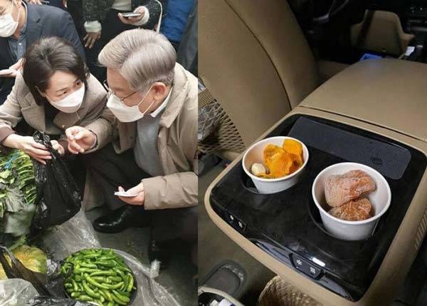 왼쪽은 홍정민 전 의원과 함께하던 당시 대선 후보 이재명, 오른쪽은 식사 대신 먹던 감말랭이./사진=홍정민 전 의원 SNS 캡처