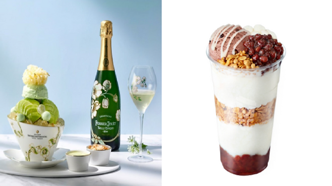 (왼쪽부터) 그랜드인터컨티넨탈서울파르나스의 ‘벨에포크 샴페인 빙수’, 메가MGC커피의 '팥빙 젤라또 파르페' / 사진=파르나스 호텔 제공, 메가MGC커피 홈페이지 캡처