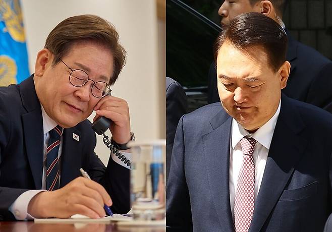 (왼쪽) 이재명 대통령이 6월9일 서울 용산 대통령실에서 이시바 시게루 일본 총리와 전화 통화를 하는 모습 (오른쪽) 윤석열 전 대통령이 같은 날 서울 서초구 서울중앙지방법원에서 열린 재판에 출석하는 모습 ⓒ대통령실·사진공동취재단