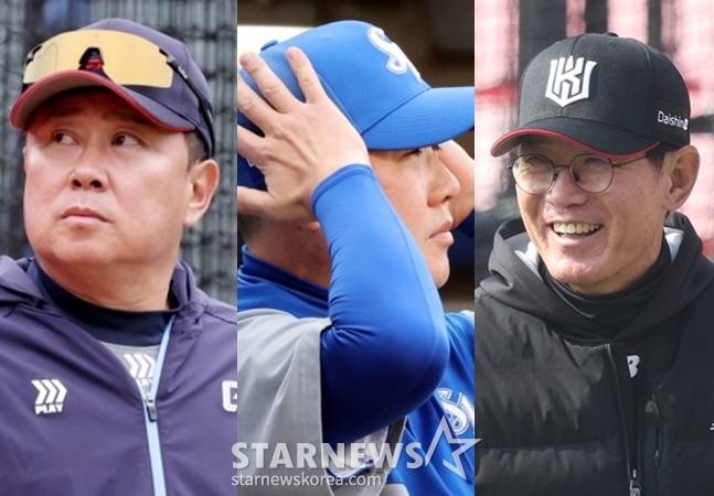 롯데 김태형 감독과 삼성 박진만 감독, KT 이강철 감독(왼쪽부터). /사진=스타뉴스