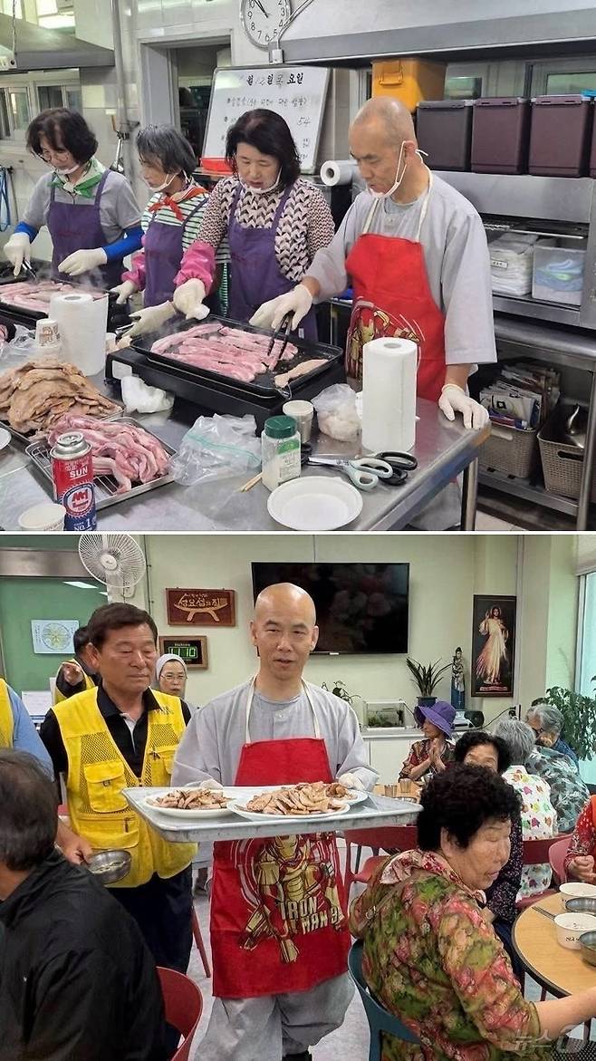 문빈정사 주지 법공스님이 12일 광주 남구 성요셉사랑의식당에서 저소득층을 위한 삼겹살 후원 행사로 삼겹살을 굽고 나르고 있다.(오영순 광주 남구의원 SNS. 재배포 및 DB 금지) 2025.6.14/뉴스1