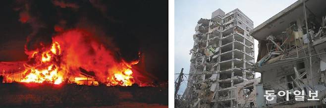 15일(현지 시간) 새벽 이스라엘의 미사일 공격으로 인해 이란 테헤란 시내 석유 저장시설에 불길이 치솟고 있다. 이날 이스라엘 텔아비브 인근에서 이란이 발사한 미사일에 의해 파괴된 건물들. AP뉴시스