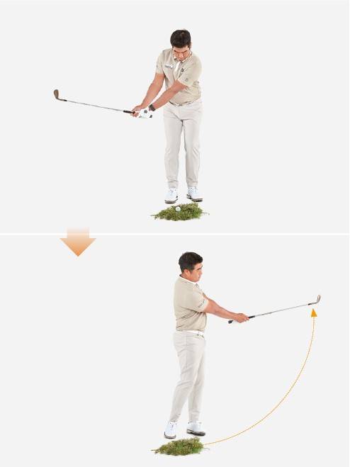 풀의 중간 부분에 떠 있는 볼은 임팩트 이후 클럽헤드가 잘 빠져나가기 때문에 쓸어 치는 느 낌으로 폴로스루와 피니시까지 가져간다.