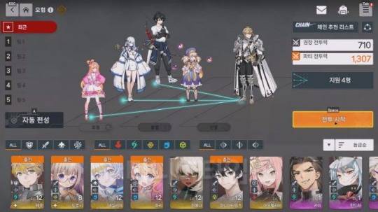 캐릭터 배치 화면. 이 순서가 꽤 중요하다. 캐릭터 얼굴 아이콘 위에 캐릭터의 타입(전투 타입, 속성, 진형 배치)별로 표시 할수 있는 버튼이 보인다. 이 타입을 파악하는 것이 배치의 기본이다. 자료 출처 : '테르비스' 인게임 화면 캡처.