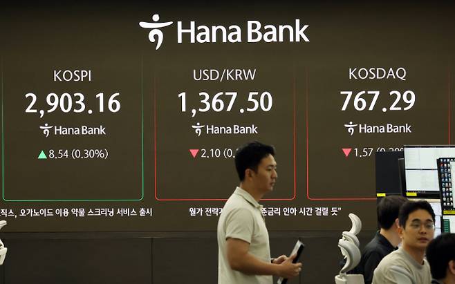 16일 오전 서울 중구 하나은행 딜링룸 전광판에 개장 시황이 나오고 있다. 이날 코스피는 전 거래일 대비 0.31% 오른 2903.50, 코스닥은 1.22포인트(0.16%) 내린 767.64로 개장했다./사진=뉴스1