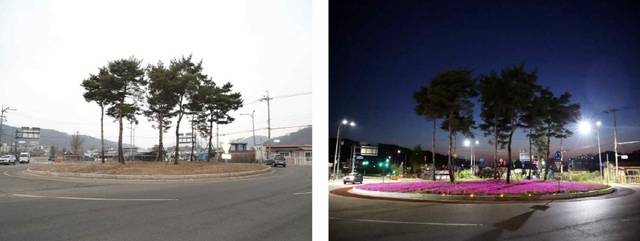 연풍2리 회전교차로의 표지병과 조명개선, 미끄럼 도막 작업을 마친 후 모습. 파주시 제공
