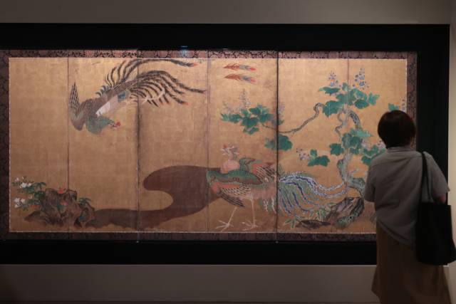 16일 국립중앙박물관에 전시된 ‘봉황공작도병풍’을 한 관람객이 살펴보고 있다. 연합뉴스