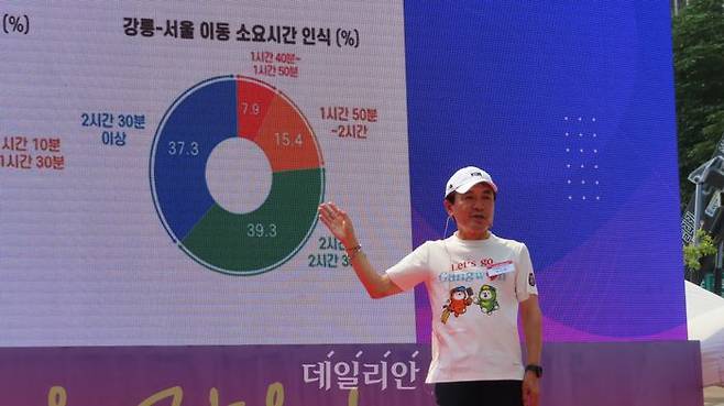 김진태 강원특별자치도지사가 17일 오후 서울 청계광장에서 열린 '수도권 강원시대' 선포식에서 '렛츠고 강원' 티셔츠를 입고 직접 프리젠테이션을 하고 있다. ⓒ데일리안 정도원 기자