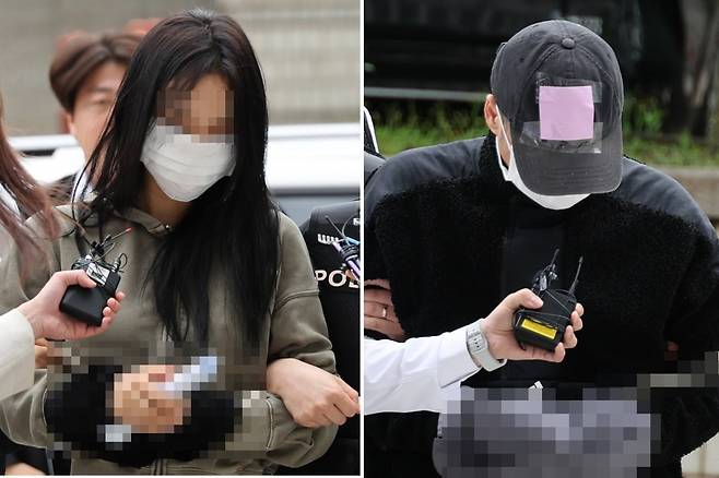 축구 국가대표팀 주장 손흥민의 아이를 임신했다고 주장하며 손씨에게 돈을 뜯어내려 한 20대 여성 양모씨(왼쪽)와 40대 남성 용모씨가 17일 영장실질심사를 받기 위해 서울중앙지법에 들어서고 있다. 사진=연합뉴스