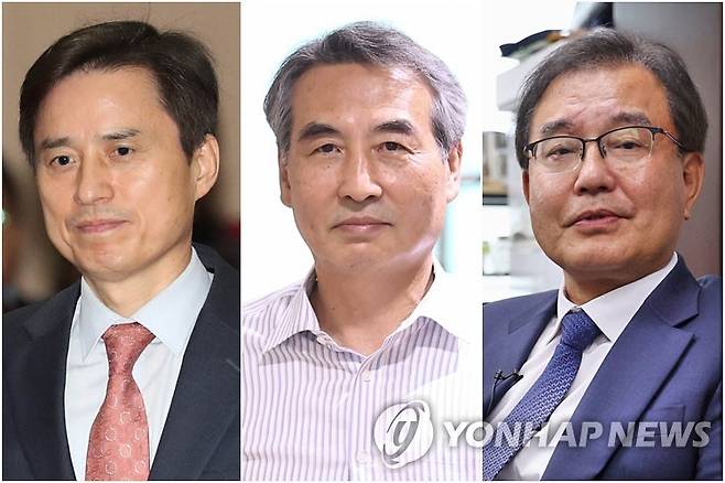 내란 특검 조은석·김건희 특검 민중기·순직해병 특검 이명현 (서울=연합뉴스) 이재명 정부 1호 법률인 내란·김건희·순직해병 특검법이 시행되면서 3개 특별검사팀이 동시에 닻을 올렸다. 조은석·민중기·이명현 특검도 임명 이튿날인 13일 곧바로 포부를 밝히며 본격적인 특검팀 구성에 착수했다. 2017년 8월 서울 서초구 중앙지검에서 열린 취임식에 입장하는 내란 특검 조은석 전 서울고검장 자료, 이날(13일) 서울 서초동 사무실에서 각각 업무 중인 김건희 특검 민중기 전 서울중앙지법원장(가운데), 순직 해병 특검 이명현 전 국방부 검찰단 고등검찰부장. 2025.6.13 photo@yna.co.kr