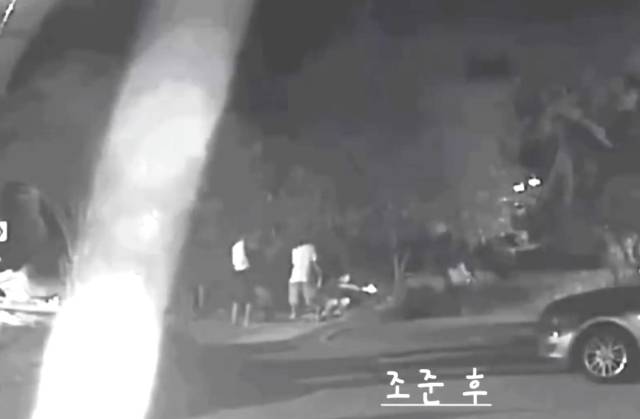 거제시 일운면 한 식당 마당에 있던 반려견들이 현역 군인 등 20대 3명이 쏜 비비탄에 맞아 크게 다쳤다. 1마리는 끝내 숨졌고 2마리는 중상을 입었다. 20대 무리가 반려견을 향해 비비탄 총을 조준 사격하는 모습. 비글구조네트워크 인스타그램 캡처