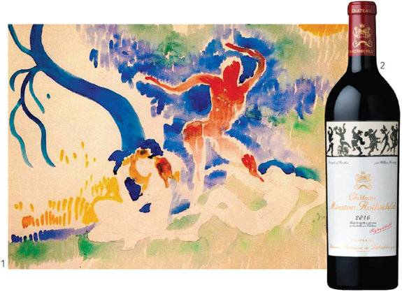 1 앙드레 드랭의 ‘바쿠스의 춤’(1906). 2 샤토 무통 로쉴드 2016 와인과 윌리엄 켄트리지가 그린 라벨 그림.