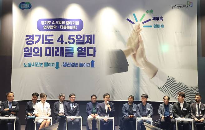 19일 오전 수원 라마다프라자호텔에서 열린 주4.5일제 시범사업 업무협약에서 김동연 경기도지사가 인사말을 하고 있다. /경기도