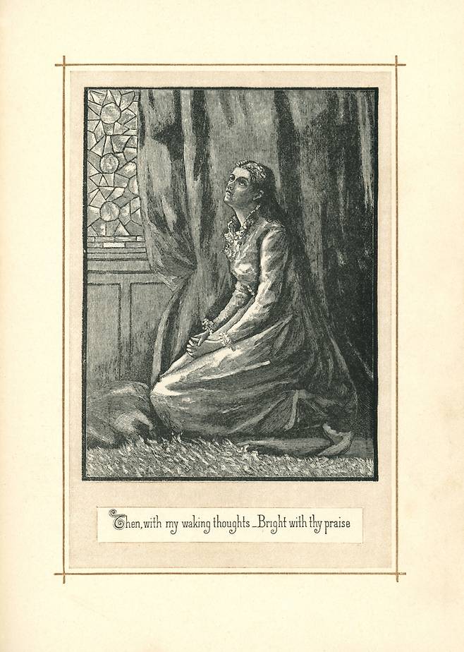 기도하는 젊은 여성을 묘사한 빅토리아풍 판화입니다. 하늘을 올려다보며 무릎을 꿇고 손 모은 모습이 간절해 보입니다. 게티이미지뱅크