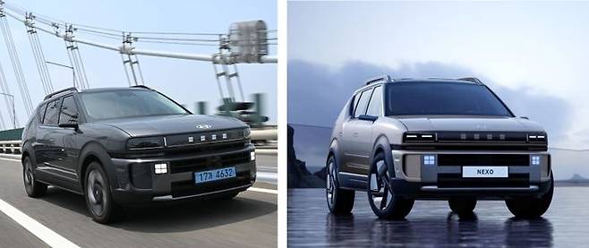 신형 넥쏘에는 지능형 헤드램프가 탑재돼 낮에는 헤드램프가 꺼지고(왼쪽), 어두워지면 형상을 드러낸다(오른쪽). ⓒ현대자동차