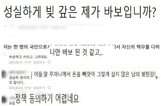 19일에 이어 20일 온라인 커뮤니티에는 관련 게시글과 댓글이 이어지고 있다. ‘성실하게 빚 갚은 사람이 오히려 손해 보는 구조’에 대한 반발 여론이 확인된다. 일부 캡처.