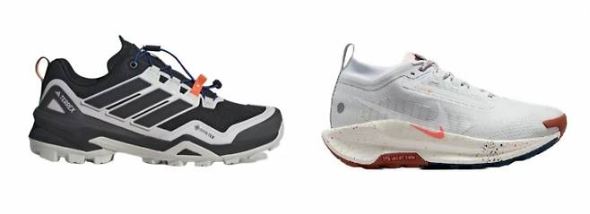 (왼쪽부터) 고어텍스 소재가 적용된 아디다스의 '테렉스 스카이체이서 고어텍스 하이킹', 고어텍스 인비저블 핏 기술이 적용된 나이키의 '페가수스 트레일 5 GTX'/사진제공=고어코리아