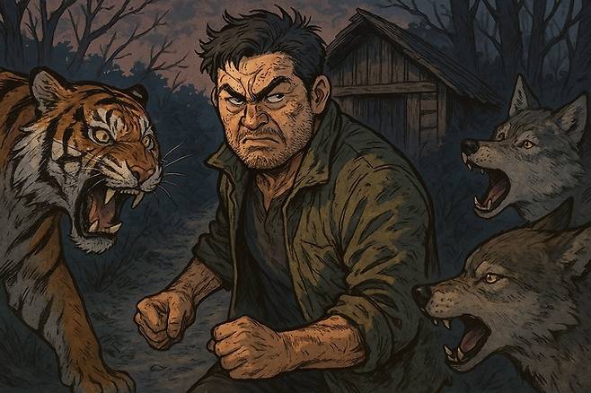 작은 보금자리를 지키려고 거친 맹수들의 침입에 맞서는, 오소리처럼 거친 아버지의 모습을, Bing 코파일럿으로 그려보았다. 우리 아버지와 닮았다.