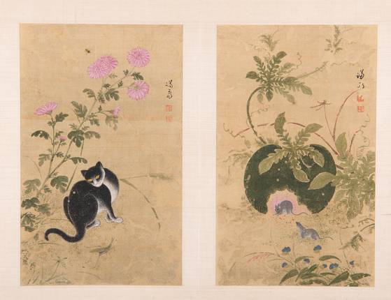 수리복원을 마친 '화훼영모화첩' 중 '추일한묘'(가을날 한가로운 고양이. 왼쪽)와 '서과투서'(수박과 도둑쥐). 겸재 정선의 '화훼영모화첩'이 대구 간송미술관에서 수리ㆍ복원 후 첫 공개됐다. 복원 과정에서 정선 만년의 작품이며 낱장으로 보관되던 그림들이 서로 연관된 소재들로 짝을 이루고 있음도 확인됐다. 사진 간송미술문화재단