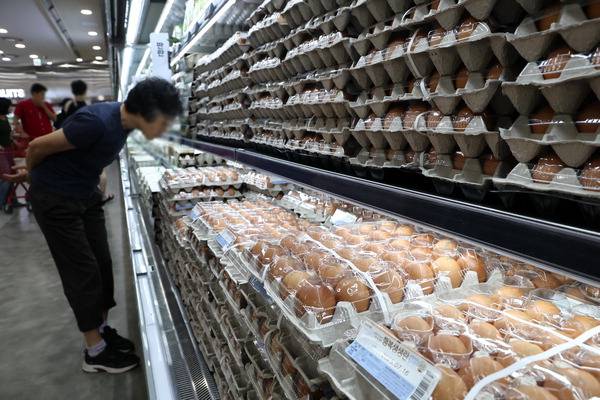 계란값이 4년 만에 최고치로 뛰면서 대형마트들도 비상이 걸렸다. 계란이 장바구니 물가 대표 품목인 만큼 납품가가 10∼20% 올랐음에도 이윤을 줄이면서 소비자 가격을 8천원 미만으로 유지하기 위해 최대한 인상을 막기로 했다. 사진은 22일 서울의 한 대형마트. 연합뉴스