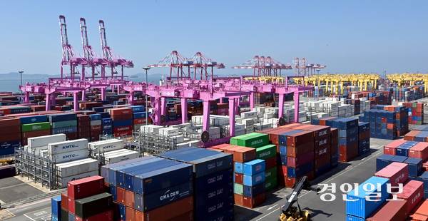 사진은 하역 작업을 진행 중인 인천 신항 컨테이너 터미널 전경. 2025.6.22 /김용국기자 yong@kyeongin.com