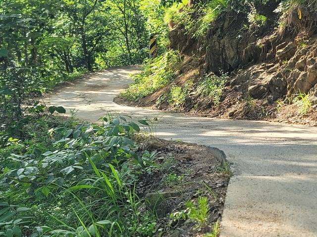 진안 용담면 방화마을 진출입 도로. 비좁고 가드레일 없고 구불구불하다. / 사진=국승호 기자