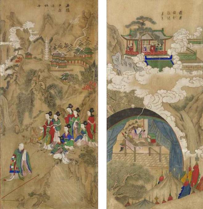 '구운몽도 병풍' 1폭(왼쪽)과 6폭(오른쪽). 전자에는 성진이 팔선녀를 만나는 장면, 후자에는 양소유가 용왕의 딸 백능파를 만나는 꿈을 꾸는 장면이 그려져 있다.