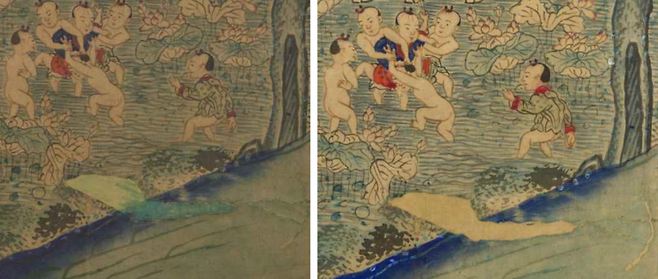 과거 보수 과정에서 덧칠한 녹색 인공 안료를 제거하기 전(왼쪽)과 후(오른쪽)의 '백동자도 병풍' 비교.