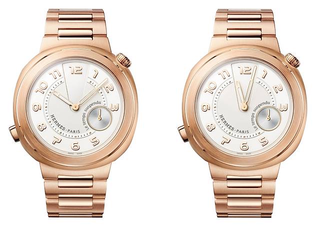 에르메스 컷 르 땅 서스팡뒤의 모듈 작동 전후 모습. 시곗바늘이 12시 방향으로 모인다. 사진 에르메스