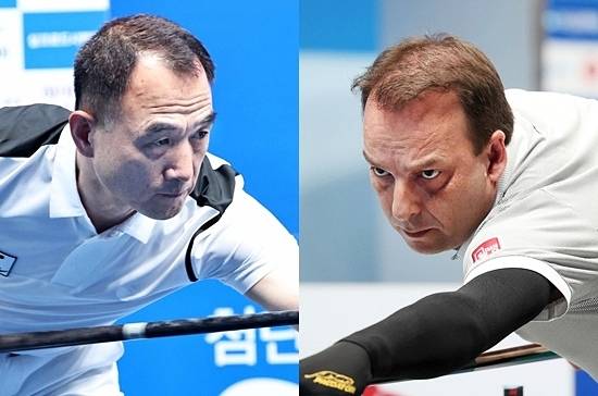 프로당구 원년멤버인 이승진이 22일 ‘25/26 우리금융캐피탈PBA챔피언십’ 8강전에서 박흥식1을 3:1로 물리치고 4강에 진출했다. 이승진(왼쪽)의 4강전 상대는 산체스다. (사진=PBA)