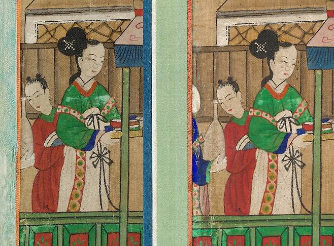 ‘구운몽도 병풍’ 보존처리 전(왼쪽)과 후 모습. 장황 직물에 가려져 있던 그림이 발견돼 화면을 넓혀 그림이 드러나도록 했다. 국가유산청 제공