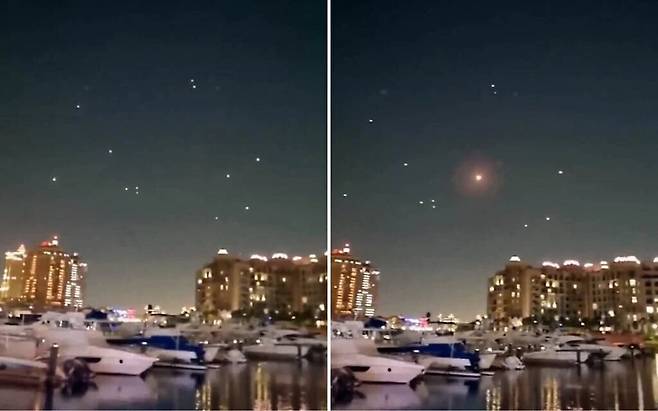 카타르의 미군 기지를 향해 23일 저녁 카타르 수도 도하 상공을 지나 날아가는 이란 미사일이 현지 방공망에 격추되는 모습. /소셜미디어 X 캡춰