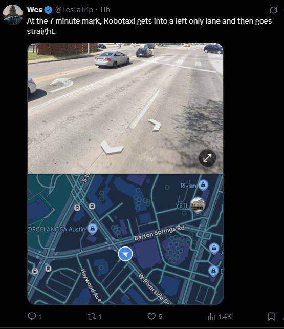 차선을 잘못 들었던 자율주행차의 상황을 지적한 게시물. 엑스(X) 캡처