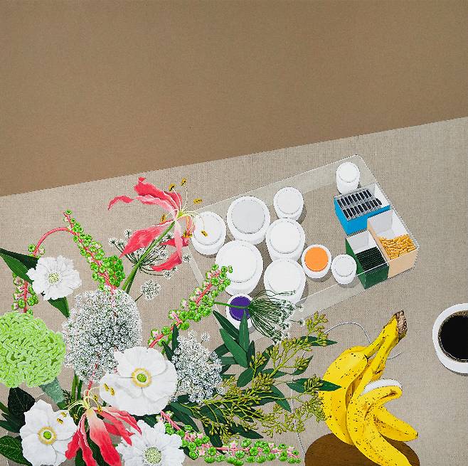 정수영, '"Still" Life(각자의 생애주기)', 린넨 위에 아크릴, 100x100cm, 2025. 학고재 제공