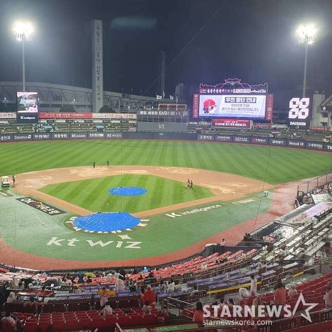 그라운드 재정비 중인 24일 수원KT위즈파크. /사진=김동윤 기자