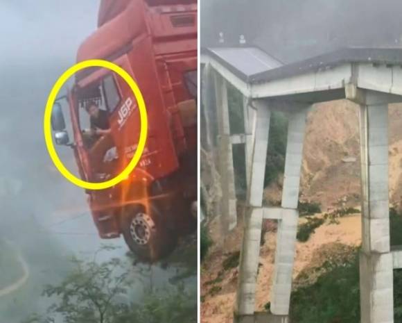 24일(현지시간) 오전 7시 40분쯤 중국 서남부 구이저우성(省)에 집중호우로 인한 산사태가 발생하면서 교량 일부가 붕괴했다. 이 사고로 화물차 운전자가 교량 끝에 매달리는 아찔한 상황에 부닥쳤다. 엑스 영상 캡처