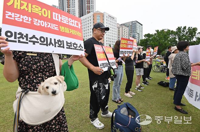 동물보호단체 (사)더가치할개의 관계자들이 26일 인천시청 앞에서 유기동물 보호소의 부실 운영을 규탄하는 집회를 열고 있다. 정선식 기자