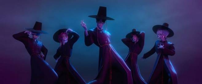 '케이팝 데몬 헌터스'에서 보이그룹 사자보이즈가 '너의 아이돌' 무대를 펼치고 있다. 넷플릭스