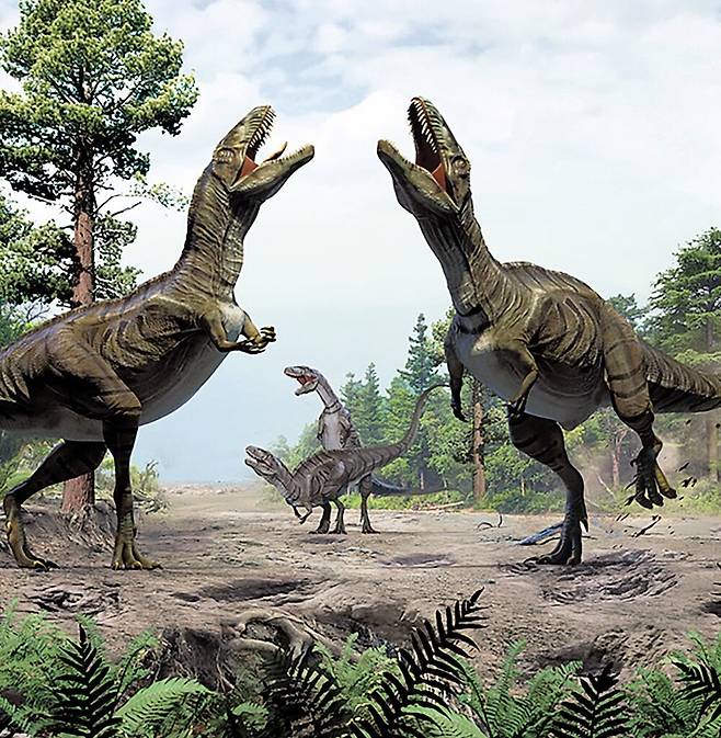 약 1억년 전 공룡 아크로칸토사우루스가 발을 구르며 사랑을 구하는 춤을 추는 듯한 동작을 묘사한 가상 사진./Xing Lida