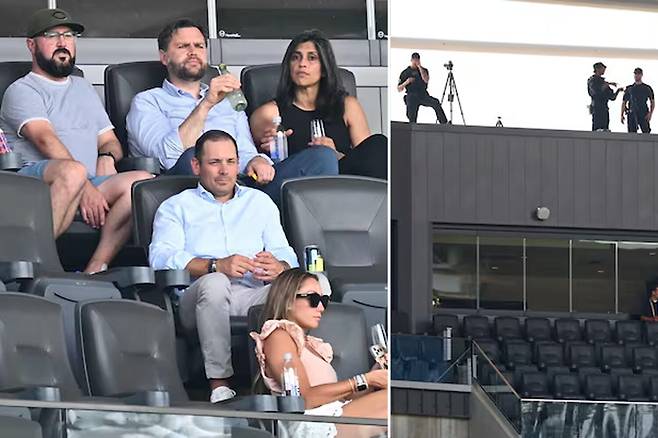 25일 JD밴스 미국 부통령이 미국 오하이오주 신시내티 TQL 스타디움에서 열린 2025 국제축구연맹(FIFA) 클럽 월드컵 울산 HD와 보루시아 도르트문트의 조별리그 경기를 관람하고 있다. 우측은 경기장 지붕에 배치된 저격수의 모습./ AFP연합뉴스, 로이터 연합뉴스