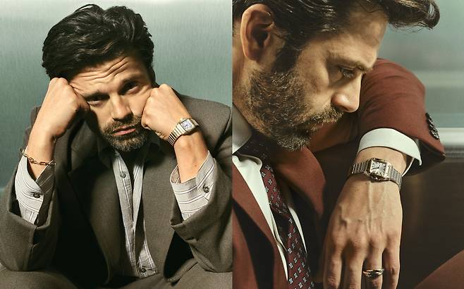 산토스 드 까르띠에 스몰 모델을 착용한 미국 배우 세바스티안 스탄(Sebastian Stan). © Mathieu Rainaud 사진 까르띠에