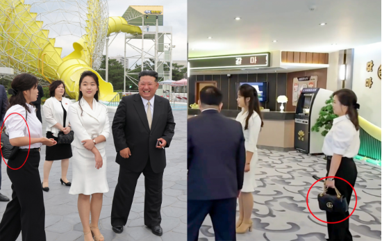 김정은 북한 국무위원장이 지난 6월 24일, 아내 리설주, 딸 주애와 함께 원산갈마해안관광지구 준공식에 참석했다. 리 여사의 공개활동은 약 1년 반 만이며, 이탈리아 명품 브랜드 ‘구찌’(붉은 원)로 추정되는 검은색 핸드백을 맨 모습이 포착됐다. (출처=연합뉴스)
