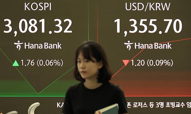 27일 서울 중구 하나은행 본점에서 직원들이 증시와 환율을 모니터하고 있다. 연합뉴스