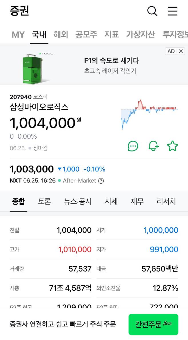 네이버페이 내 증권 페이지. 화면 하단에 간편주문 버튼이 있다. / 네이버페이 앱 화면 캡처