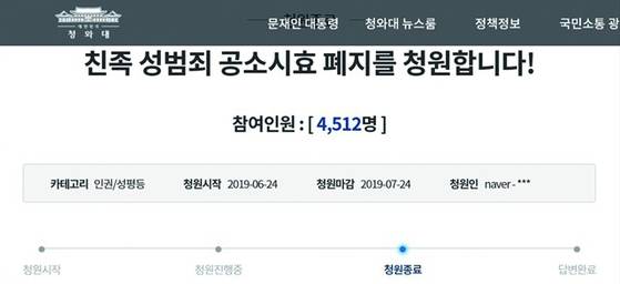 지난 2019년 6월 24일 푸른나비(활동명·56)가 올린 친족 성폭력 공소시효 폐지 국민청원. 해당 국민청원은 3개월 만에 청원 동의 4512명을 기록했다. 온라인 커뮤니티 캡처