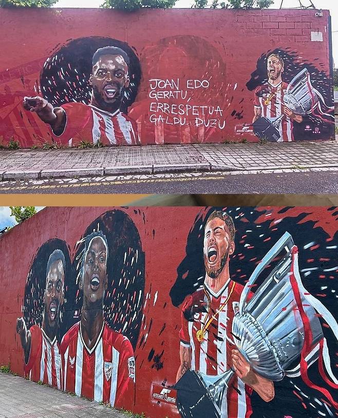 이냐키·니코 윌리엄스 형제의 고향인 스페인 바라칼도 지역에 그려진 벽화에 니코 윌리엄스 얼굴이 훼손된 모습(위)와 기존 벽화 모습(아래). 이후 아틀레틱 클루브 구단은 윌리엄스 벽화를 복원했지만, 하루도 채 안 돼 또 훼손됐다. /사진=펄스스포츠나이지리아 SNS 캡처